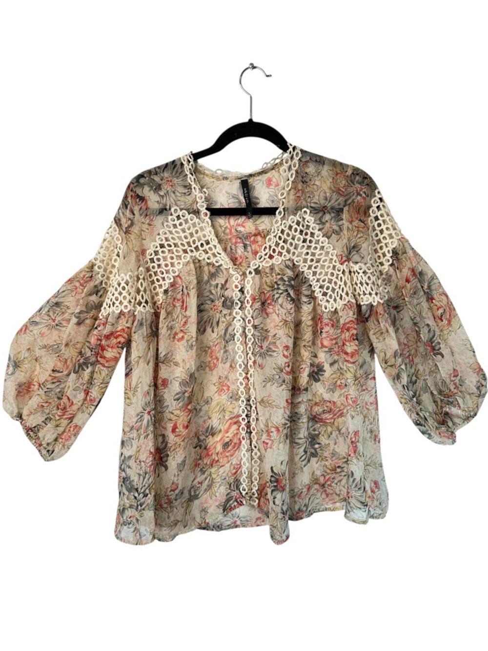 Ark & Co Cream Floral Crochet-Trim Peasant Top